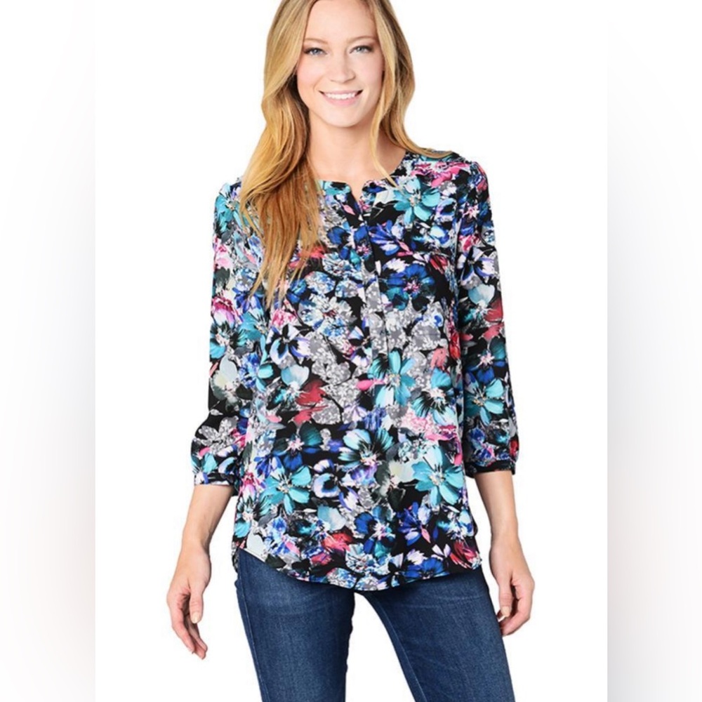 NYDJ Floral 3/4 Sleeves Pleated Back Top Size 2X Multicolor